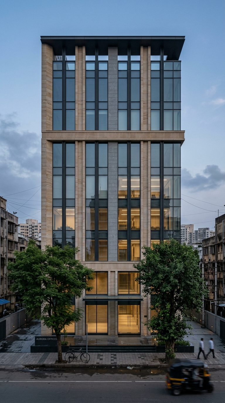 Stone facade of an office building in soft daylight