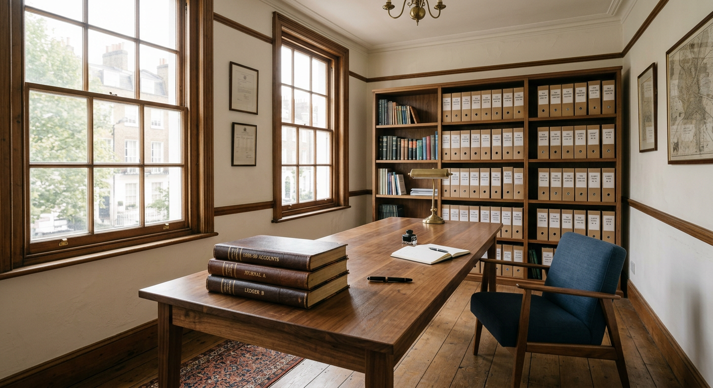 A quiet office reading room with bound ledgers arranged on a wooden table